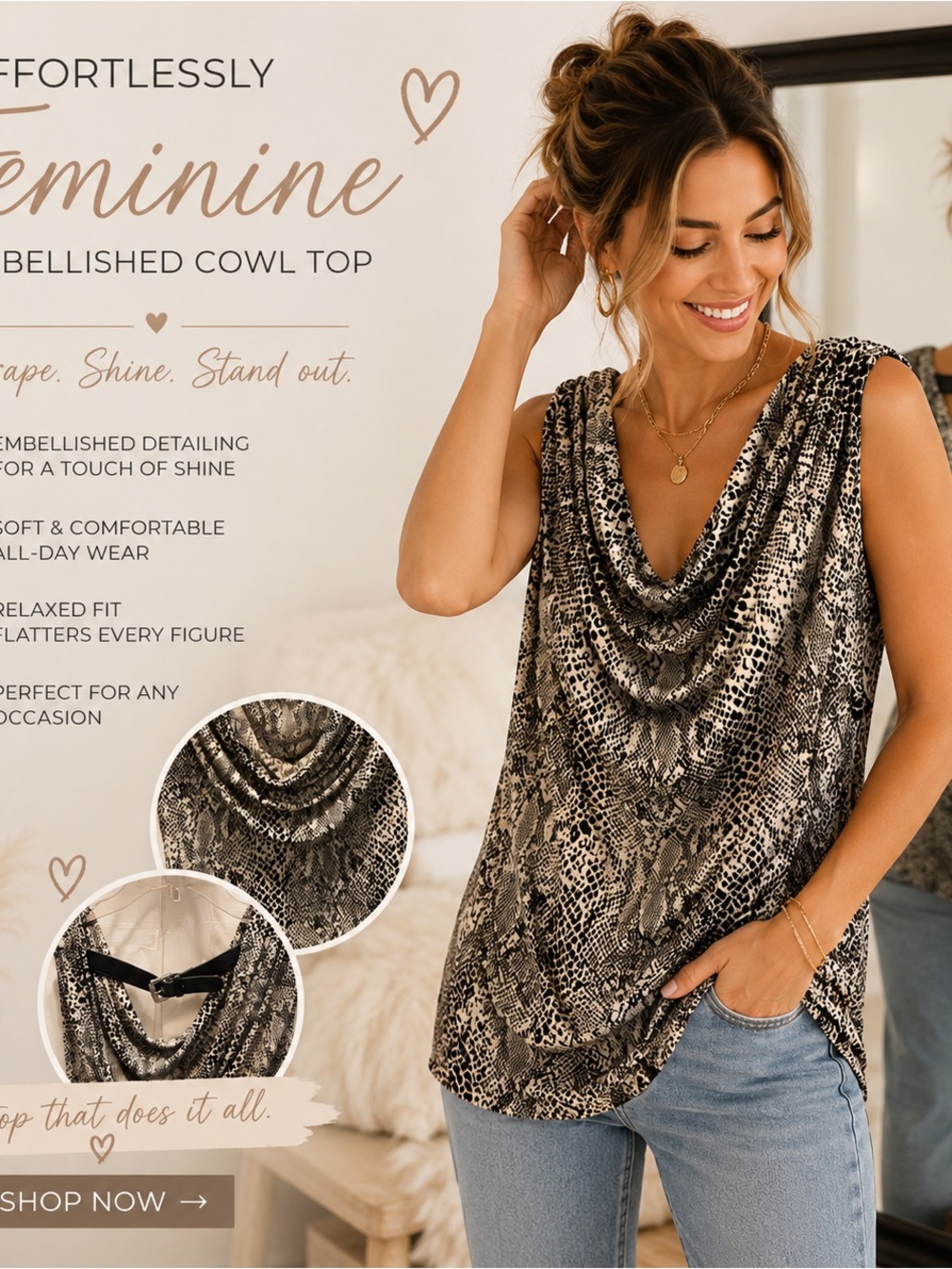 MIchael Kors Feminine Cowl Neck Tank Snake Print Black/Cream w/ black back strap